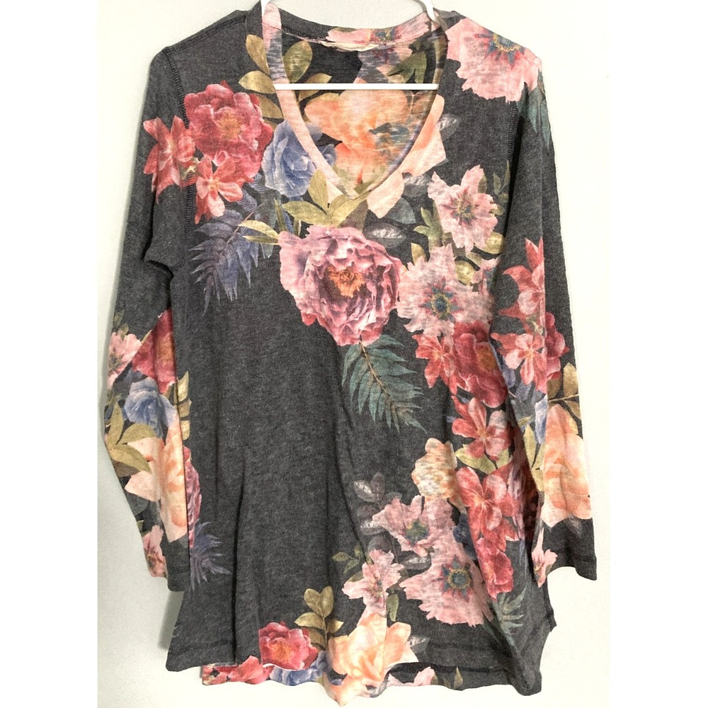 Soft Surroundings Shirt Women Size M-L Gray Floral V Neck Tunic Top USA